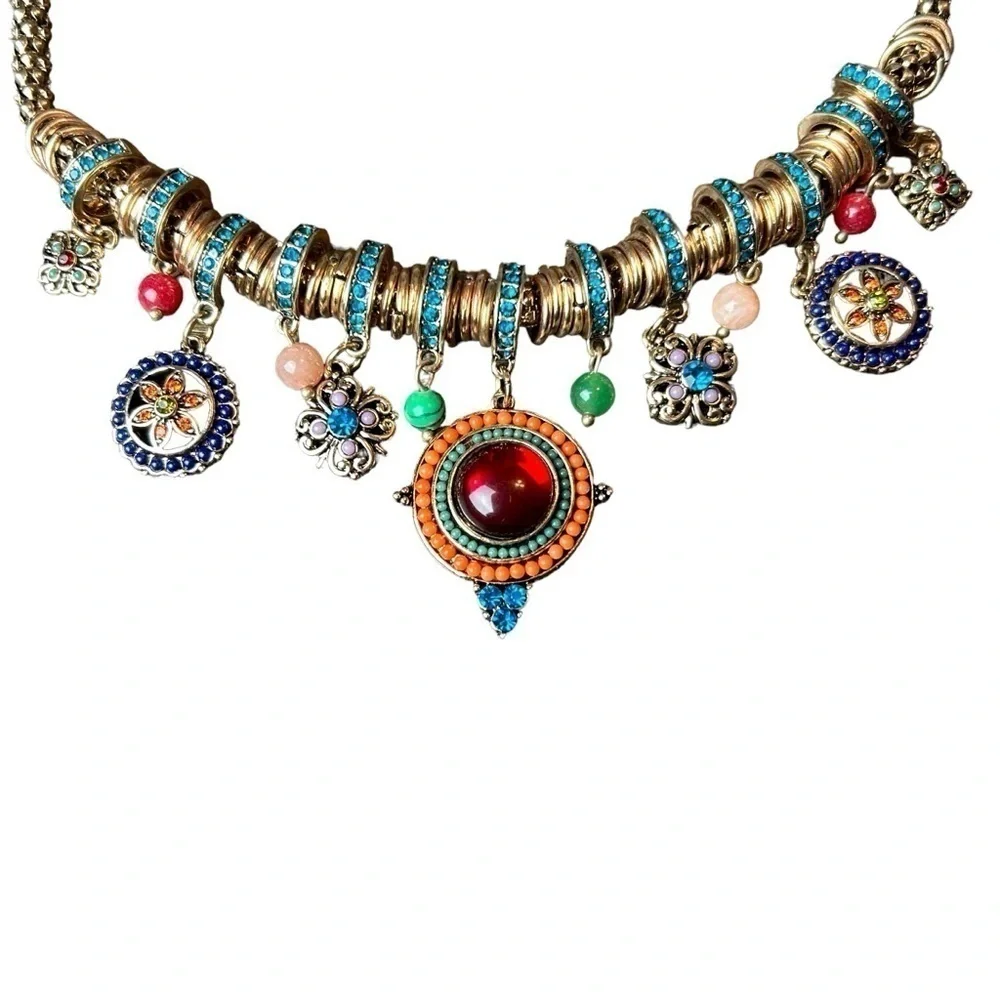 Gold Tone Necklace W/ Jewel Tone Beaded & Rhinestone Charms and Medallions - Picture 4 of 16